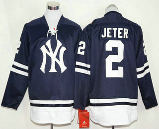 Men's New York Yankees #2 Derek Jeter Navy Blue Long Sleeve Baseball Jersey