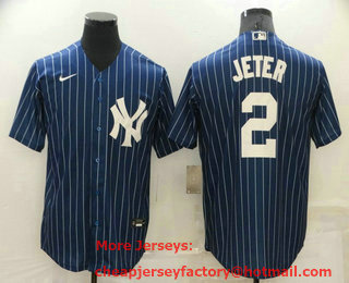 Men's New York Yankees #2 Derek Jeter Navy Blue Pinstripe Stitched MLB Cool Base Nike Jersey