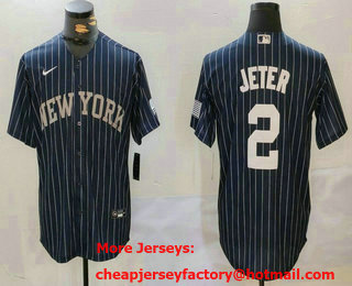 Men's New York Yankees #2 Derek Jeter Navy Pinstripe Fashion Cool Base Jersey