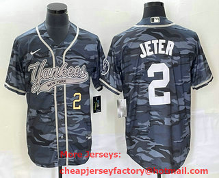 Men's New York Yankees #2 Derek Jeter Number Grey Camo Cool Base With Patch Stitched Baseball Jersey