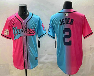Men's New York Yankees #2 Derek Jeter Pink Blue Split Limited Baseball Jersey