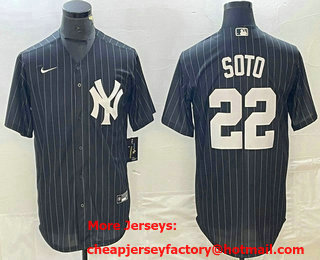Men's New York Yankees #22 Juan Soto Black Pinstripe Cool Base Stitched Baseball Jersey