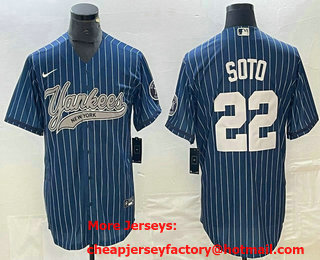 Men's New York Yankees #22 Juan Soto Blue Pinstripe Cool Base Stitched Baseball Jersey 11