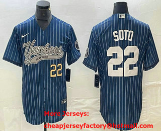Men's New York Yankees #22 Juan Soto Number Blue Pinstripe Cool Base Stitched Baseball Jersey 11