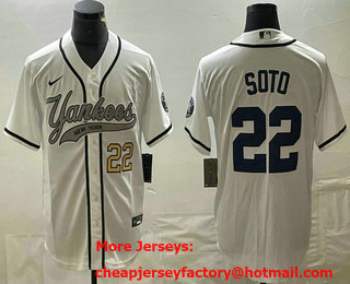 Men's New York Yankees #22 Juan Soto Number White With Patch Cool Base Stitched Baseball Jersey 01