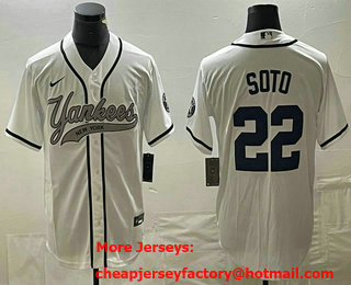 Men's New York Yankees #22 Juan Soto White With Patch Cool Base Stitched Baseball Jersey 01