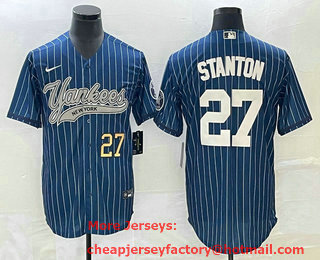 Men's New York Yankees #27 Giancarlo Stanton Number Blue Pinstripe Cool Base Stitched Baseball Jersey