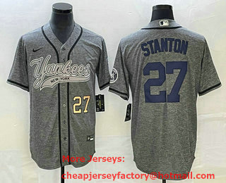 Men's New York Yankees #27 Giancarlo Stanton Number Grey Gridiron Cool Base Stitched Baseball Jersey