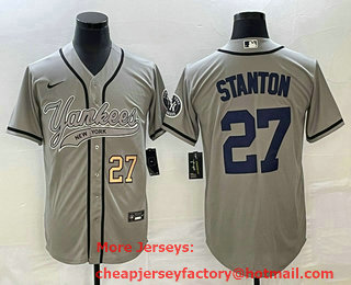 Men's New York Yankees #27 Giancarlo Stanton Number Grey With Patch Cool Base Stitched Baseball Jersey