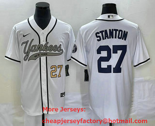 Men's New York Yankees #27 Giancarlo Stanton Number White With Patch Cool Base Stitched Baseball Jersey