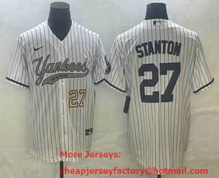 Men's New York Yankees #27 Giancarlo Stanton Number White With Patch Cool Base Stitched Baseball Jersey