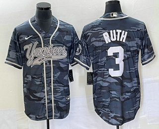 Men's New York Yankees #3 Babe Ruth Grey Camo Cool Base With Patch Stitched Baseball Jersey 01