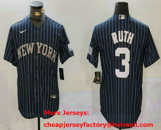 Men's New York Yankees #3 Babe Ruth Navy Pinstripe Fashion Cool Base Jersey