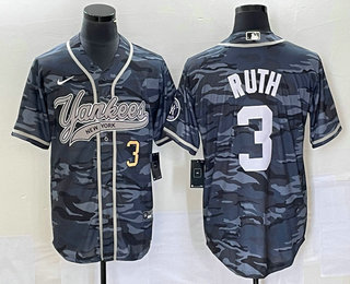 Men's New York Yankees #3 Babe Ruth Number Grey Camo Cool Base With Patch Stitched Baseball Jersey 01