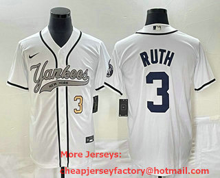 Men's New York Yankees #3 Babe Ruth Number White With Patch Cool Base Stitched Baseball Jersey