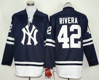 Men's New York Yankees #42 Mariano Rivera Navy Blue Long Sleeve Baseball Jersey
