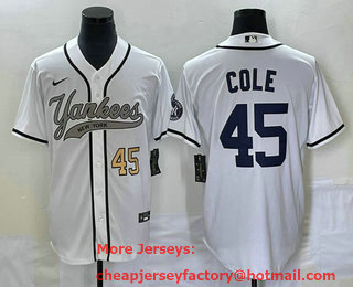 Men's New York Yankees #45 Gerrit Cole Number White With Patch Cool Base Stitched Baseball Jersey