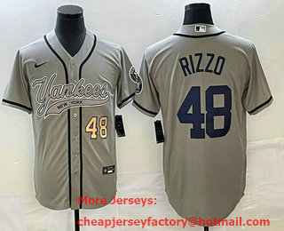 Men's New York Yankees #48 Anthony Rizzo Number Grey With Patch Cool Base Stitched Baseball Jersey