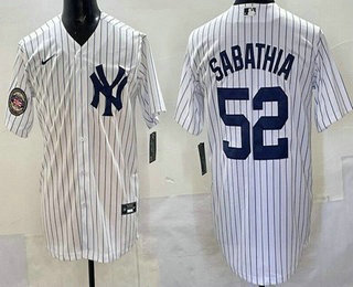 Men's New York Yankees #52 Cc Sabathia White Hall of Fame Cool Base Jersey