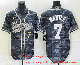 Men's New York Yankees #7 Mickey Mantle Number Grey Camo Cool Base With Patch Stitched Baseball Jersey