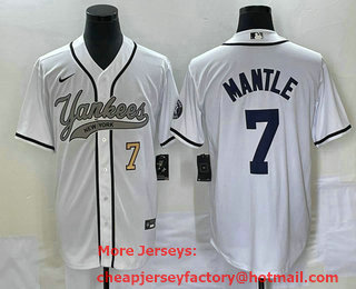 Men's New York Yankees #7 Mickey Mantle Number White With Patch Cool Base Stitched Baseball Jersey
