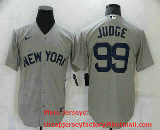 Men's New York Yankees #99 Aaron Judge 2021 Grey Field of Dreams Name Cool Base Stitched Baseball Jersey
