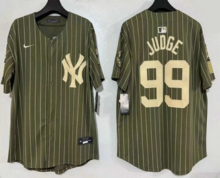 Men's New York Yankees #99 Aaron Judge Olive Pinstripe 2026 Armed Forces Day Stitched Baseball Jersey