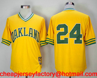 Men's Oakland Athletics #24 Rickey Henderson Yellow Pullover 1981 Throwback Cooperstown Collection Stitched MLB Mitchell & Ness Jersey