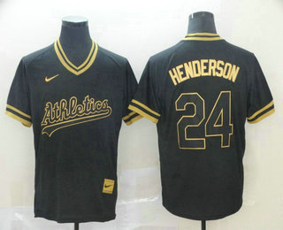 Men's Oakland Athletics #24 Rickey Henderson Black Gold Nike Cooperstown Legend V Neck Jersey
