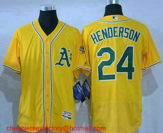 Men's Oakland Athletics #24 Rickey Henderson Retired Yellow Stitched MLB 2016 Flex Base Jersey