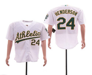 Men's Oakland Athletics #24 Rickey Henderson White Sleeved With Team Patch Stitched MLB Cool Base MLB Jersey
