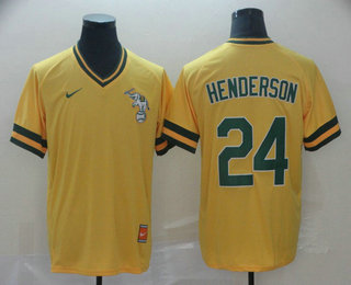 Men's Oakland Athletics #24 Rickey Henderson Yellow Nike Cooperstown Collection Legend V Neck Jersey