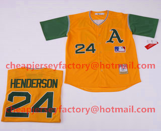 Men's Oakland Athletics #24 Rickey Henderson Yellow With Green Throwback Jersey 2