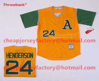 Men's Oakland Athletics #24 Rickey Henderson Yellow With Green Throwback Jersey