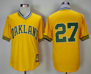 Men's Oakland Athletics #27 Catfish Hunter Yellow Pullover 1981 Throwback Cooperstown Collection Stitched MLB Mitchell & Ness Jersey