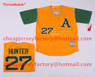 Men's Oakland Athletics #27 Catfish Hunter Yellow With Green Throwback Jersey