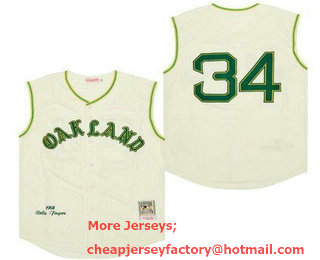 Men's Oakland Athletics #34 Rollie Fingers Cream 1968 Throwback Jersey
