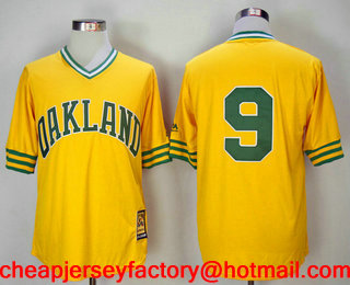 Men's Oakland Athletics #9 Reggie Jackson Yellow Pullover 1981 Throwback Cooperstown Collection Stitched MLB Mitchell & Ness Jersey