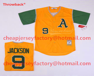 Men's Oakland Athletics #9 Reggie Jackson Yellow With Green Throwback Jersey