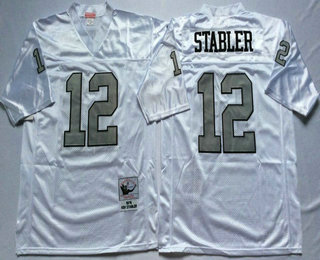 Men's Oakland Raiders #12 Ken Stabler White With Silver Throwback Jersey by Mitchell & Ness