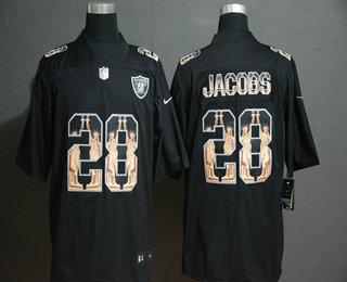 Men's Oakland Raiders #28 Josh Jacobs Black Statue Of Liberty Stitched NFL Nike Limited Jersey