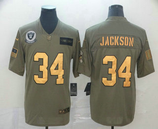 Men's Oakland Raiders #34 Bo Jackson Olive Gold 2019 Salute To Service Stitched NFL Nike Limited Jersey