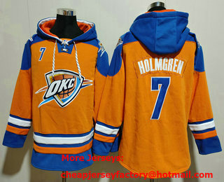 Men's Oklahoma City Thunder #7 Chet Holmgren Orange Blue Lace Up Pullover Hoodie