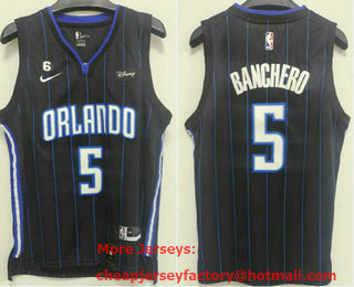 Men's Orlando Magic #5 Paolo Banchero Black With No 6 Patch 2022 Stitched Jersey With Sponsor