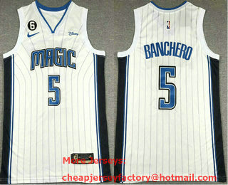 Men's Orlando Magic #5 Paolo Banchero White With 6 Patch Stitched Jersey With Sponsor