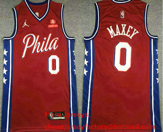 Men's Philadelphia 76ers #0 Tyrese Maxey Red 75th Anniversary Diamond Jordan 2021 Stitched Jersey With Sponsor