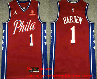 Men's Philadelphia 76ers #1 James Harden Red 75th Anniversary Diamond Jordan 2021 Stitched Jersey With Sponsor