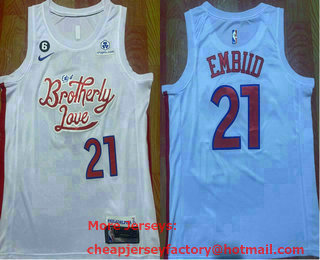 Men's Philadelphia 76ers #21 Joel Embiid 2022 White City Edition With 6 Patch Stitched Jersey With Sponsor