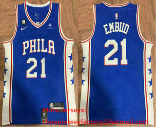 Men's Philadelphia 76ers #21 Joel Embiid Blue 6 Patch Icon Sponsor Swingman Jersey