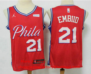Men's Philadelphia 76ers #21 Joel Embiid Red 2021 Brand Jordan Swingman Stitched NBA Jersey With Sponsor Logo